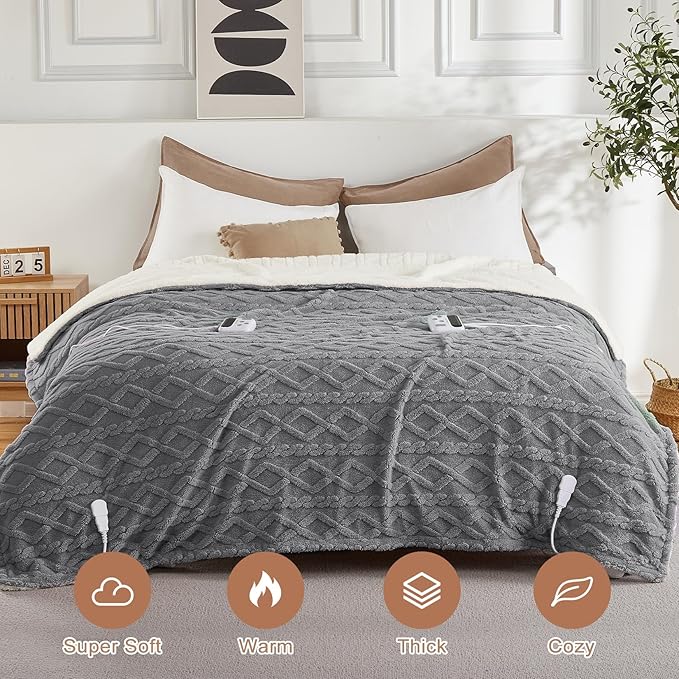 CAROMIO Electric Blanket Queen Size Dual Control - Thick Tufted Sherpa Heated Blanket Queen with 10 Heating Levels and 10 Time Settings, ETL Certified Fast Heating Blanket Queen Size 84"×90", Grey