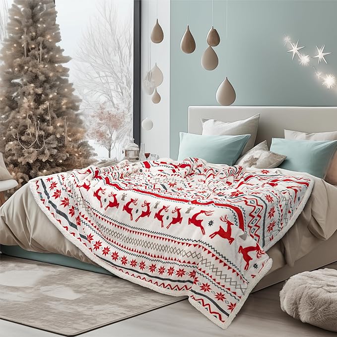PAVILIA Premium Christmas Sherpa Throw Blanket | Christmas Decoration Gift, Fleece, Plush, Warm, Cozy Reversible Microfiber Holiday Blanket | White Reindeer - 50x60