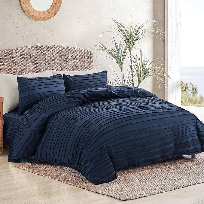 NEXHOME PRO Duvet Cover Full Size, Navy 3 Pieces Boho Tufted Duvet Cover Set, Soft and Lightweight Microfiber Comforter Cover Set for All Season (Navy Full, 80 x 90)-No Comforter