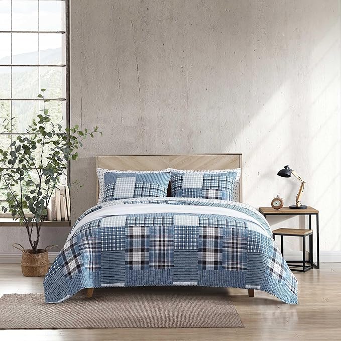 Eddie Bauer - Twin Quilt Set, Reversible Cotton Bedding with Matching Sham, Patchwork Plaid Bedding Set (Hawthorne Blue, Twin)