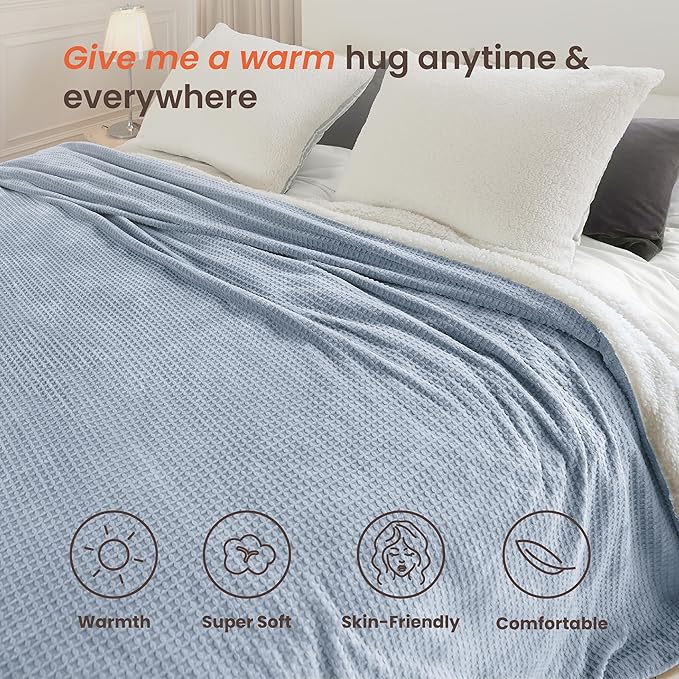 Heated Blanket Electric Blanket Queen Waffle, 84x90 Inches Dual Controllers Sherpa Fleece Fast Heating Blanket 6 Heating Levels & 10 Hours Auto Off ETL Certification, Haze Blue Queen