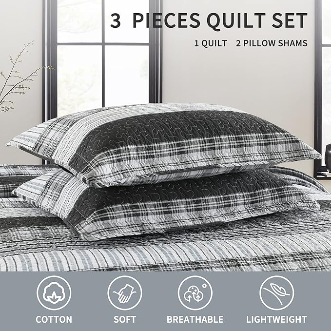 Homzard Quilts Queen Size - Black and White Queen Comforter Set, 100% Cotton Black Grey Striped Bedding Set, Lightweight Reversible Bedspread Set, 3 Piece All Season