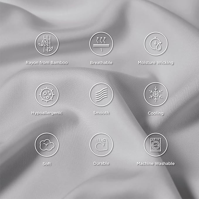 Bedsure Pillow Cases Standard Size, Cooling Pillow Cases, Rayon Derived from Bamboo Light Grey Pillowcases Standard Set of 2, Breathable & Soft Pillow Covers with Envelope Closure, 20x26 Inches