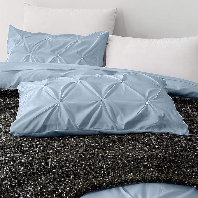 Pinch Pleated Duvet Cover Set 100% Cotton 3PC King Size 94x104 Duvet Cover Set, Decorative Pinch Design Sky Blue Duvet Cover with Matching Pillow Case