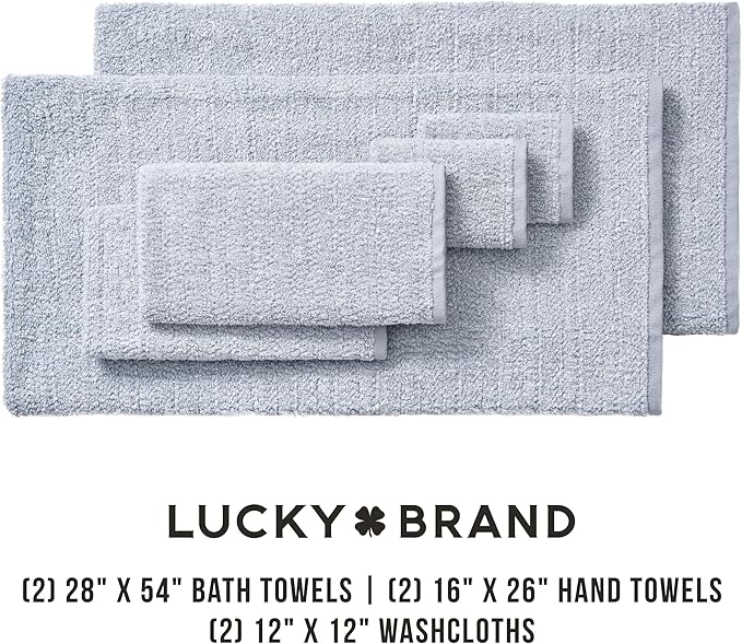 Lucky Brand Luxurious Boucle 6 Piece Bath Towel Set - (2) Bath Towels, (2) Hand Towels, and (2) Washcloths - Glacier Grey Premium Bathroom Towel Set