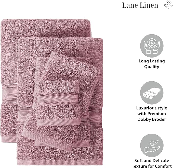 LANE LINEN Bathroom Towels Set of 12 – Zero Twist, 100% Cotton, 4 Bath, 4 Handtowel & 4 Washcloths, Luxury Hotel Design, Perfect for Salon & Guests, Machine Washable – Wishful Mauve