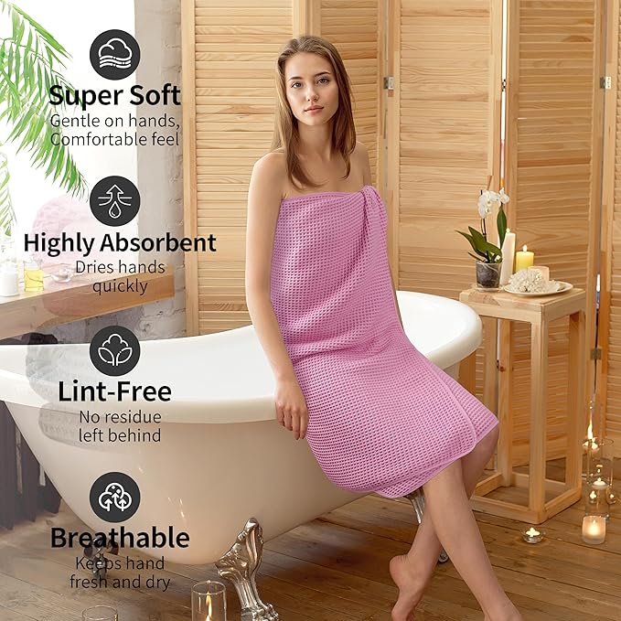 New Microfiber Waffle Bath Towels, 2 Pieces, Oversized, Soft, Absorbent, Fast Drying, Lint Free (Gray+Pink)