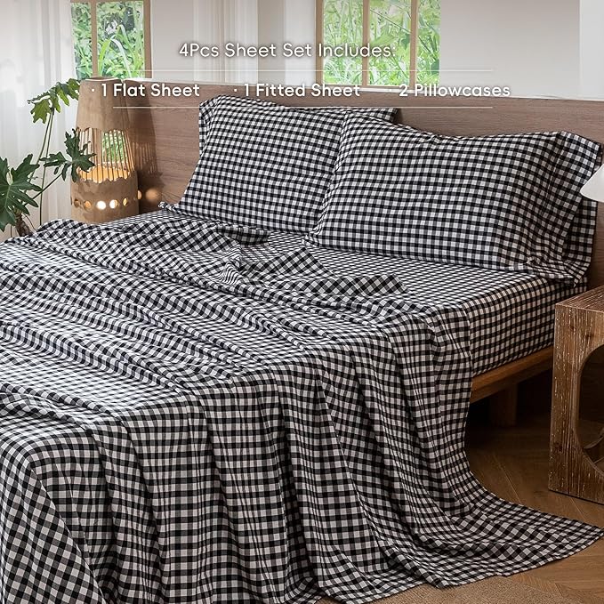 MooMee Gingham Sheet Set 100% Washed Cotton Linen Like Textured Breathable Soft w/ Fully Elasticized 16-19" Deep Pocket (Classic Gingham Black White, King)