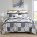 Homzard Grey Comforter Set,Cotton Plaid Striped Quilts Queen Size for The Bed,Reversible Geometric Queen Size Bedspread with 2 Pillow Shams,Lightweight 3 Piece Bedding All Season