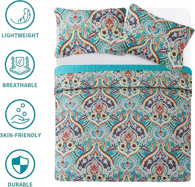 BEDIFANY Cotton Quilt King Size - Lightweight King Size Quilt Bedding Set for a Comfortable Sleep - Reversible Bedspread (98 * 106 in) with Boho Pattern, 3 Pieces