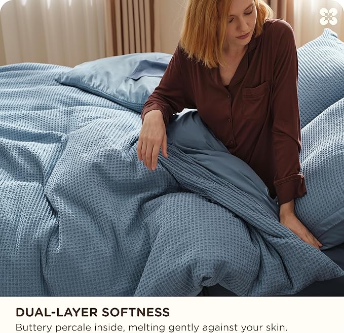 Bedsure Cotton Duvet Cover King - 100% Cotton Waffle Weave Grey Blue Duvet Cover King Size, GentleSoft™ and Breathable Bedding Set for All Season, 3 Pieces, 104"x90"