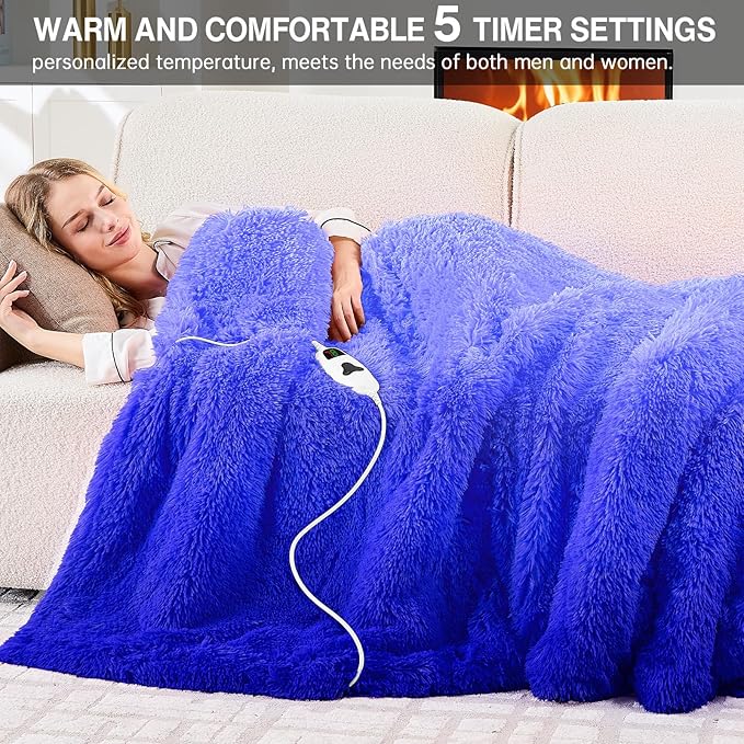 Heated Electric Blanket Twin–Faux Fur with Soft Thick Sherpa,Warm Winter Birthday Gifts for Women Grandma，10 Heat Settings,5 Time Settings with Fast Heating, 62x84, Glacier Blue