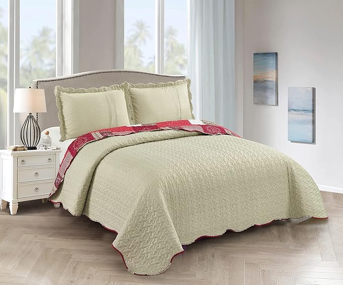 Brilliant Sunshine BurgundyHeart Love, Floral and Lace Patchwork, 3-Piece Quilt Set with 2 Shams, Reversible Bedspread, Soft Lightweight Coverlet, All-Season, Full/Queen, Burgundy