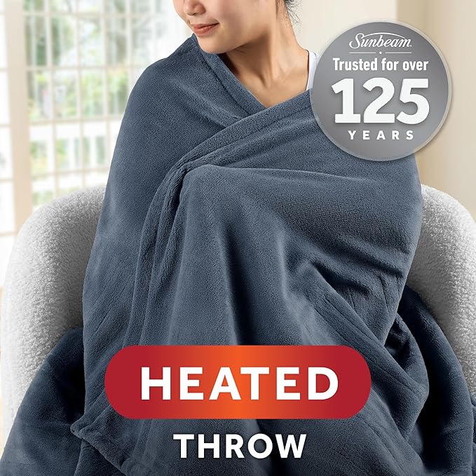 Sunbeam Royal Posh Velvet Heated Throw Electric Blanket, 50" x 60", 4 Heat Settings, 4-Hour Auto Shut-Off, Warming Throw for Couch, Fast Heating, Machine Washable, Warm and Cozy, Rain Storm Blue