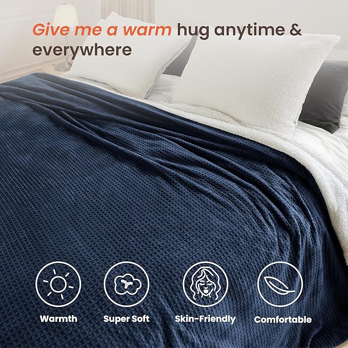 Heated Blanket Electric Blanket King Waffle,90x100 Inches Sherpa Fleece Fast Heating Blanket 6 Heating Levels & 10 Hours Auto Off ETL Certification, Navy King
