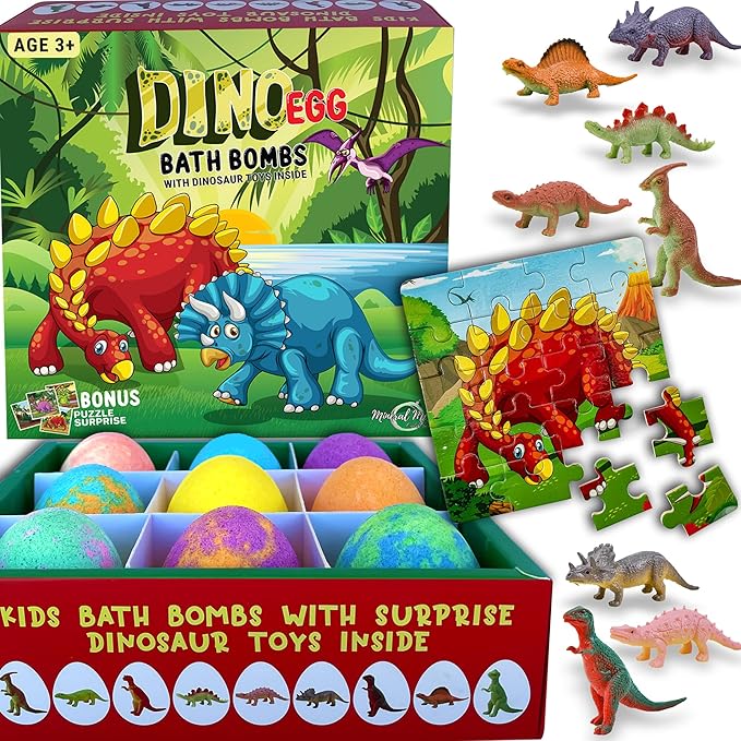 Bath Bombs for Kids with Surprise Toys Inside Plus Dinosaur Puzzle - 9 Organic Dino Egg Bath Bombs, Gentle and Kids Safe, Fizzy Balls with Rich Bubbles, Stocking Stuffers Christmas Gifts for Kids