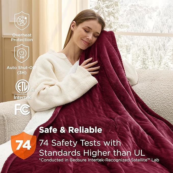 Bedsure Heated Blanket Throw Blanket - Fast Heating Electric Blanket, Soft Flannel Heated Throw with 4 Time Settings, 6 Heating Settings, Gifts for Grandma, Women, Men (50"x60", Burgundy)