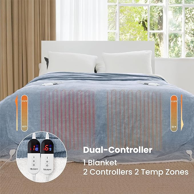 Heated Blanket Electric Blanket King Waffle, 90x100 Inches Dual Controllers Sherpa Fleece Fast Heating Blanket 6 Heating Levels & 10 Hours Auto Off ETL Certification, Haze Blue King