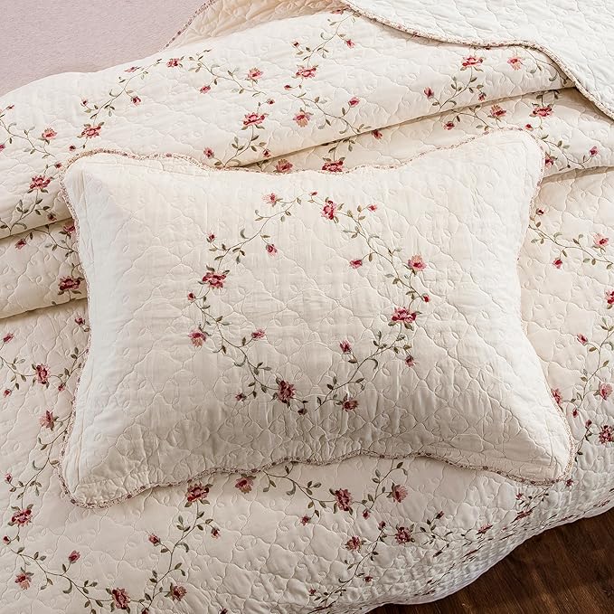 Quilt Set Floral Leaves 3D Embroidery Pattern 3 PCS Cotton Reversible Quilted Embroidered Decorative Bedspreads Coverlet Set, Lightweight &Soft Full Size Beige Bedding Coverlet for All Season