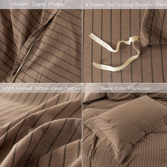 Stripe Duvet Cover Queen Size 90inch x 90inch,100% Washed Cotton Pinstripe Duvet Cover with Zipper Closure and 2 Pillowcases, Color of Light Brown-Black Stripe