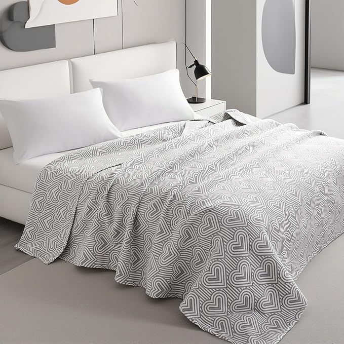 NTBAY 3 Layers Cotton Muslin 68x92 Twin Bed Blanket, Super Soft Breathable Thermal Yarn Dyed Quilt for Adults, Perfect Lightweight Blanket for Couch Sofa Bed All Seasons, Grey Heart