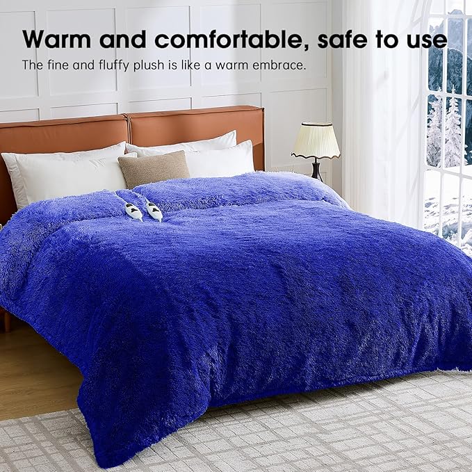Heated Electric Blanket Queen–Faux Fur with Soft Thick SherpaWarm Winter Birthday Gifts for Women Grandma,Dual Control,10 Heat Settings,5 Time Settings, 84x90, Glacier Blue