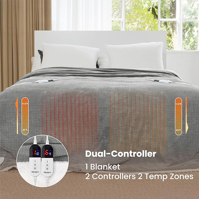 Heated Blanket Electric Blanket King Waffle,90x100 Inches Sherpa Fleece Fast Heating Blanket 6 Heating Levels & 10 Hours Auto Off ETL Certification, Grey King