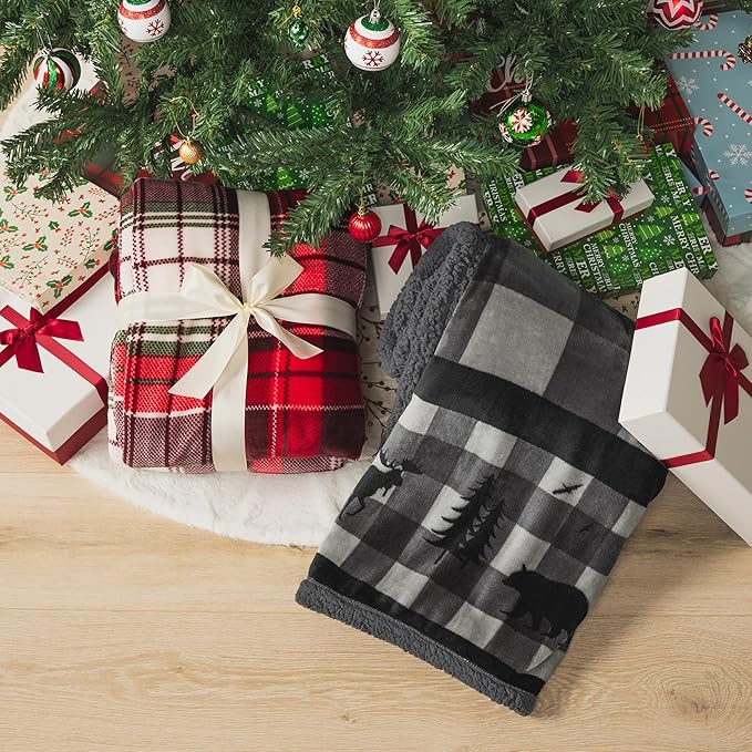 PAVILIA Christmas Plaid Blanket | Sherpa Fleece Flannel Throw Blanket | Christmas Plaid Warm Plush Microfiber Blanket for Couch Sofa | 50x60 Inches