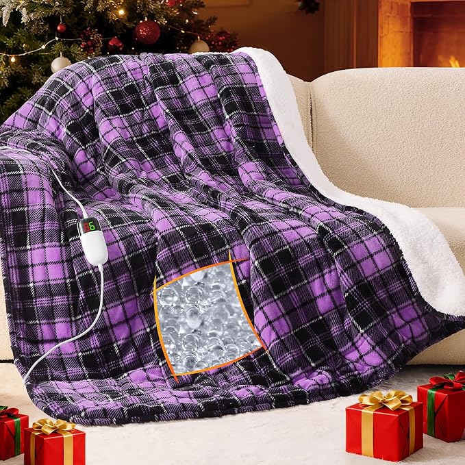 Purple Heated Weighted Blanket for Adults Queen Size 15Lbs 60"x80", 2-in-1 Electric Heating Pad Lap Heavy Blanket for 140-160lbs for Bed, 10 Level 8H Auto Off, Cozy Birthday Gifts for Women Mom Senior