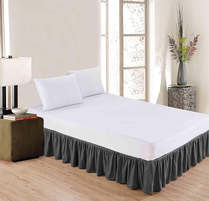 Sheets & Beyond Wrap Around Solid Microfiber Luxury Hotel Quality Fabric Bedroom Gathered Ruffled Bedding Bed Skirt 14 Inch Drop (Twin, Charcoal)