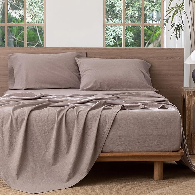 MooMee Bedding Sheet Set 100% Washed Cotton Linen Like Textured Breathable Durable Soft Comfy (Heathered Mauve Brown, Twin)