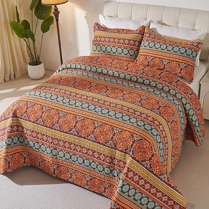 Cmfshape Orange Quilt Sets Bedspread Set 100% Cotton Boho Bedding Set, All Season Use Lightweight Reversible Coverlet Quilts with 2 Pillow Shams(King 106"x96")