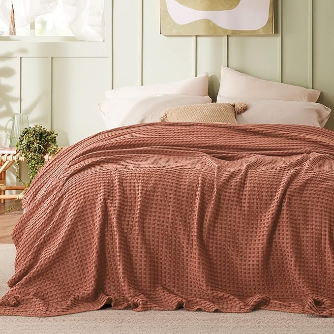 Bedsure Cooling Cotton Waffle Queen Size Blanket - Lightweight Breathable Blanket of Rayon Derived from Bamboo for Hot Sleepers, Luxury Throws for Bed, Couch and Sofa, Red Orange, 90x90 Inches