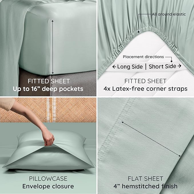 Bambaw King Sheets Set 4pcs – 100% Viscose Derived from Bamboo Sheets King Size Deep Pocket, Fits Up to 16'', Luxury Bedding, Super Soft & Cooling Sheet Set (Sea Glass)
