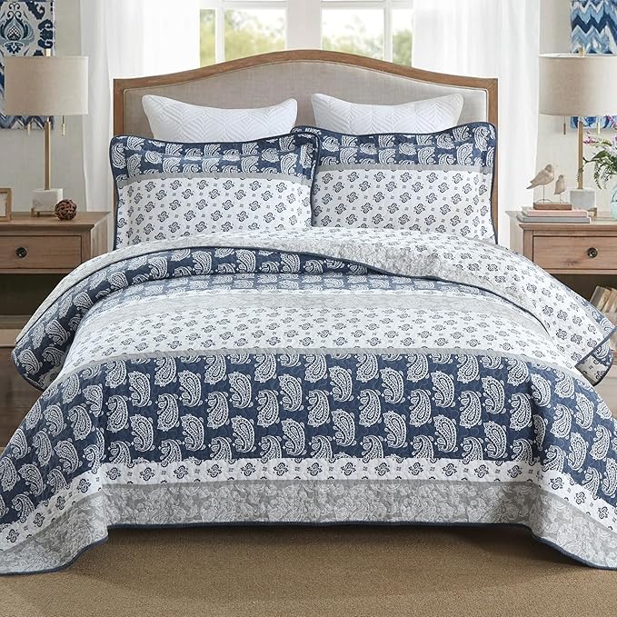 Quilt Bedding Set Queen Size, Cotton Comforters Set Queen Size,Navy Blue Grey Quilts Bedspread for The Bed, Farmhouse Lightweight Bedding (90 * 98 Inch) and 2 Pillow Shams All Season
