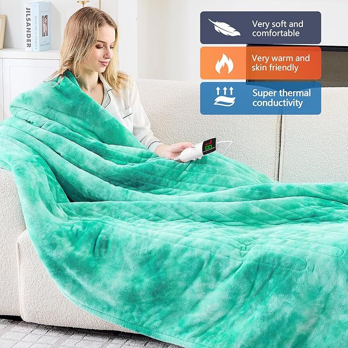 greenoak Heated Electric Blanket Throw, Faux Fur Sherpa Heating Blanket for Sofa Bed, Warm Winter Gifts for Women/Her, Heater Lap Blankets 5-Position Timer &10 Heating Levels 72''*84" Aqua