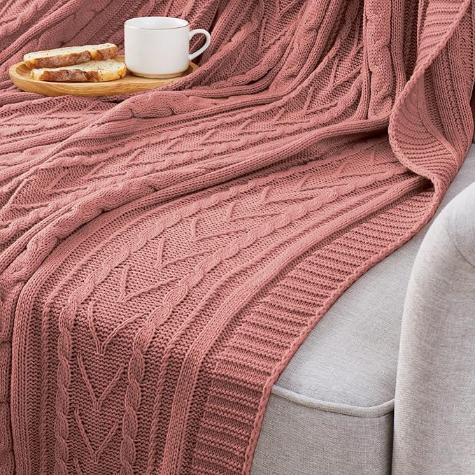 Aormenzy Dusty Pink Cable Knit Throw Blanket Oversized 60" x 80" Super Soft Comfy Knitted Blanket for Couch Bed Sofa, Twin Size