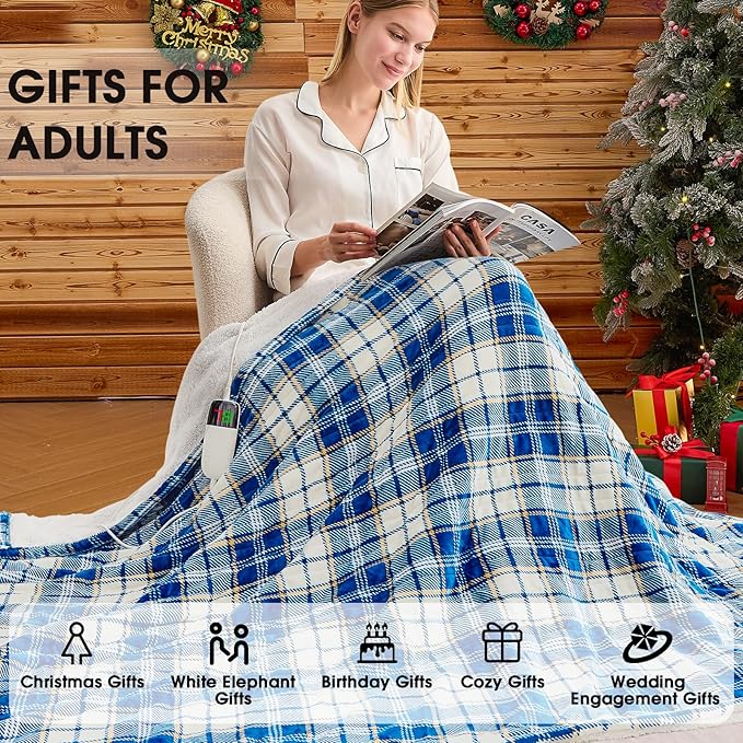 Electric Heated Blanket King Size, 90X100 Heating Blanket King With Dual Control&10 Heats Levels&Timer For Bed,Large Navy Blue Plaid Sherpa Blankets Warmer Gifts for Grandma Women Adults, Washable
