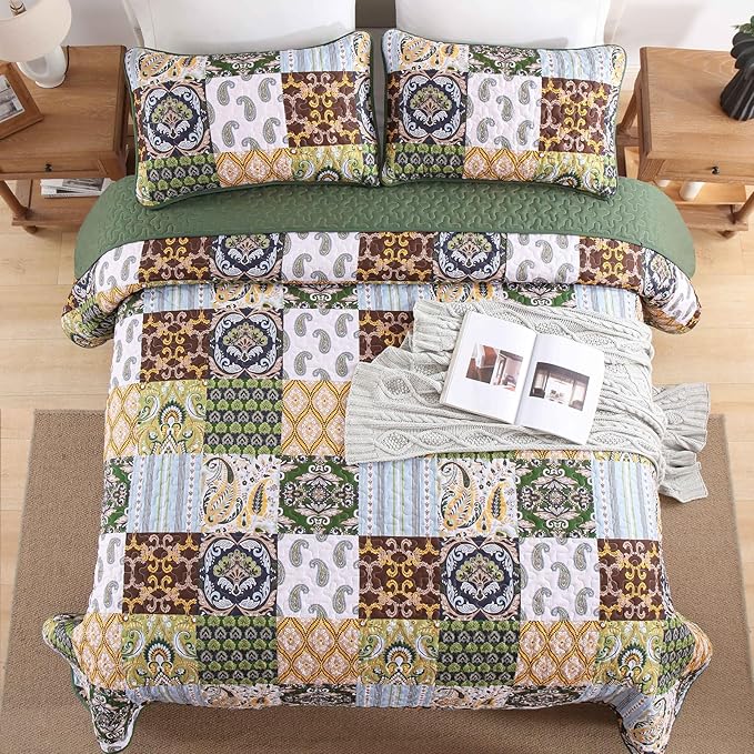 WONGS BEDDING Boho Quilt Set Queen Size, Plaid Patchwork Bedspread Bedding Set Soft Microfiber Quilt for Queen Bed Reversible 3 Pieces Coverlet Set for All Season (Brown Olive 96"x90")