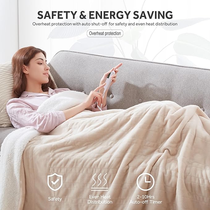 Heated Blanket Electric Throw Soft Flannel Sherpa, 6 Heat Levels Fast Heating, 2 to 10 Hours Auto-Off Detachable Controller Machine Washable, Beige 50"x60"