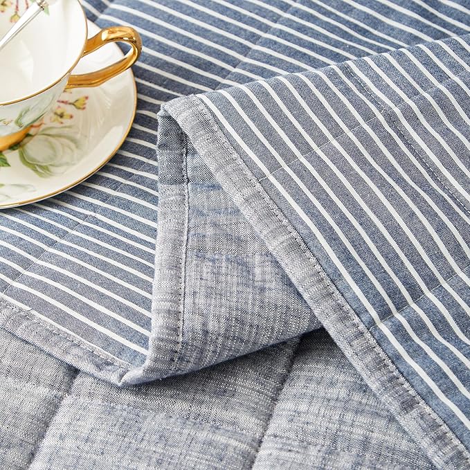 Navy Quilts Queen Size， Cotton Bedspreads Queen Size，3-Pieces Queen Quilt Set with Blue Stripe Bedding Coverlet Light Weight Quilted Blanket with 2 Pillow Shams