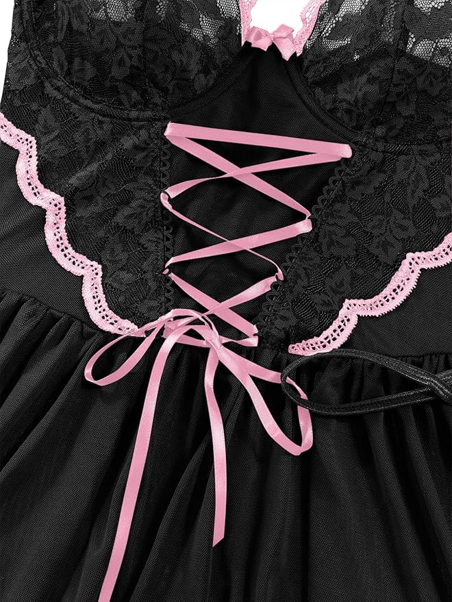 Lilosy Sexy Garter Belt Mesh Lace Babydoll Lingerie Dress Set with Thong