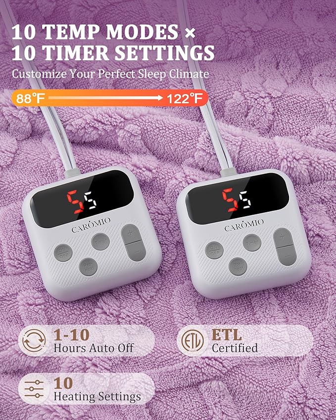 CAROMIO Electric Blanket King Size Dual Control - Thick Tufted Sherpa Heated Blanket King with 10 Heating Levels and 10 Time Settings, ETL Certified Fast Heating Blanket King Size 90"×100", Purple