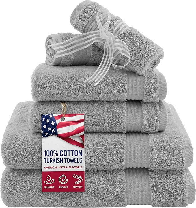 American Veteran Towel, 6 Piece Towel Set for Bathroom, 100% Cotton Turkish Bathroom Towels, 2 Bath Towels 2 Hand Towels 2 Washcloths, Cool Grey