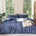 MooMee Bedding Duvet Cover Set 100% Washed Cotton Linen Like Textured Breathable Durable Soft Comfy (Heathered Blue, King 104"x90")