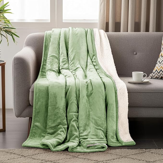 Utopia Bedding Sherpa Blanket King Size (Sage Green, 90x102 Inches) - Soft Lightweight Plush Fleece Reversible Blanket for Bed, Sofa, Couch, Camping and Travel