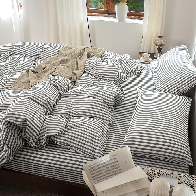 FOSSA Striped Duvet Cover Set 100% Washed Cotton Linen Feel Super Soft Breathable Cozy 3 Pieces Bedding Sets Dark Grey Classic Stripes Queen