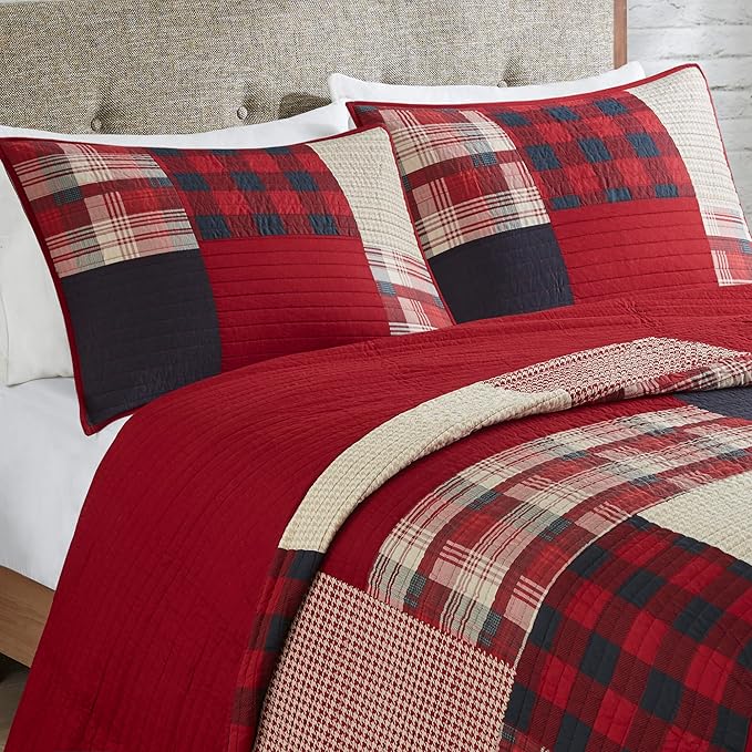 Woolrich Sunset Reversible Quilt Set - Cottage Styling Reversed to Solid Color, All Season Lightweight Coverlet, Cozy Bedding Layer, Matching Shams, Oversized King/Cal King, Plaid Red 3 Piece