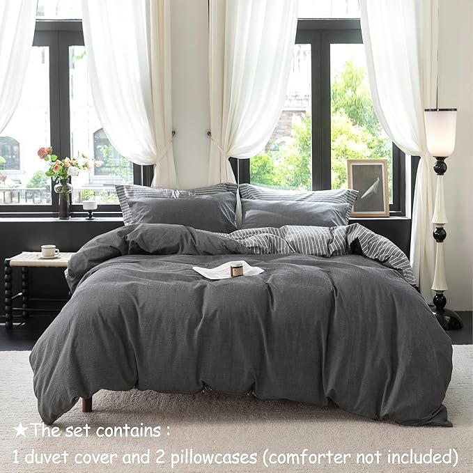 Reversible Duvet Cover Set 100% Washed Cotton Dark Grey Pinstripe Linen Feel Duvet Cover Queen Size with Zipper Closure & 2 Pillow Shams,Dark Grey/White Stripe Reverse Solid Dark Grey