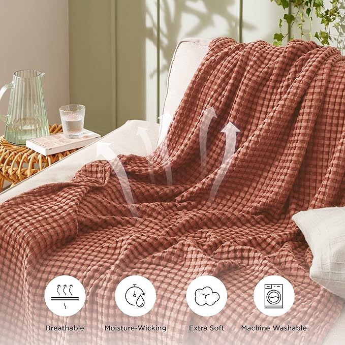 Bedsure Cooling Cotton Waffle Twin XL Blanket - Lightweight Breathable Blanket of Rayon Derived from Bamboo for Hot Sleepers, Luxury Throws for Bed, Couch and Sofa, Red Orange, 66x90 Inches